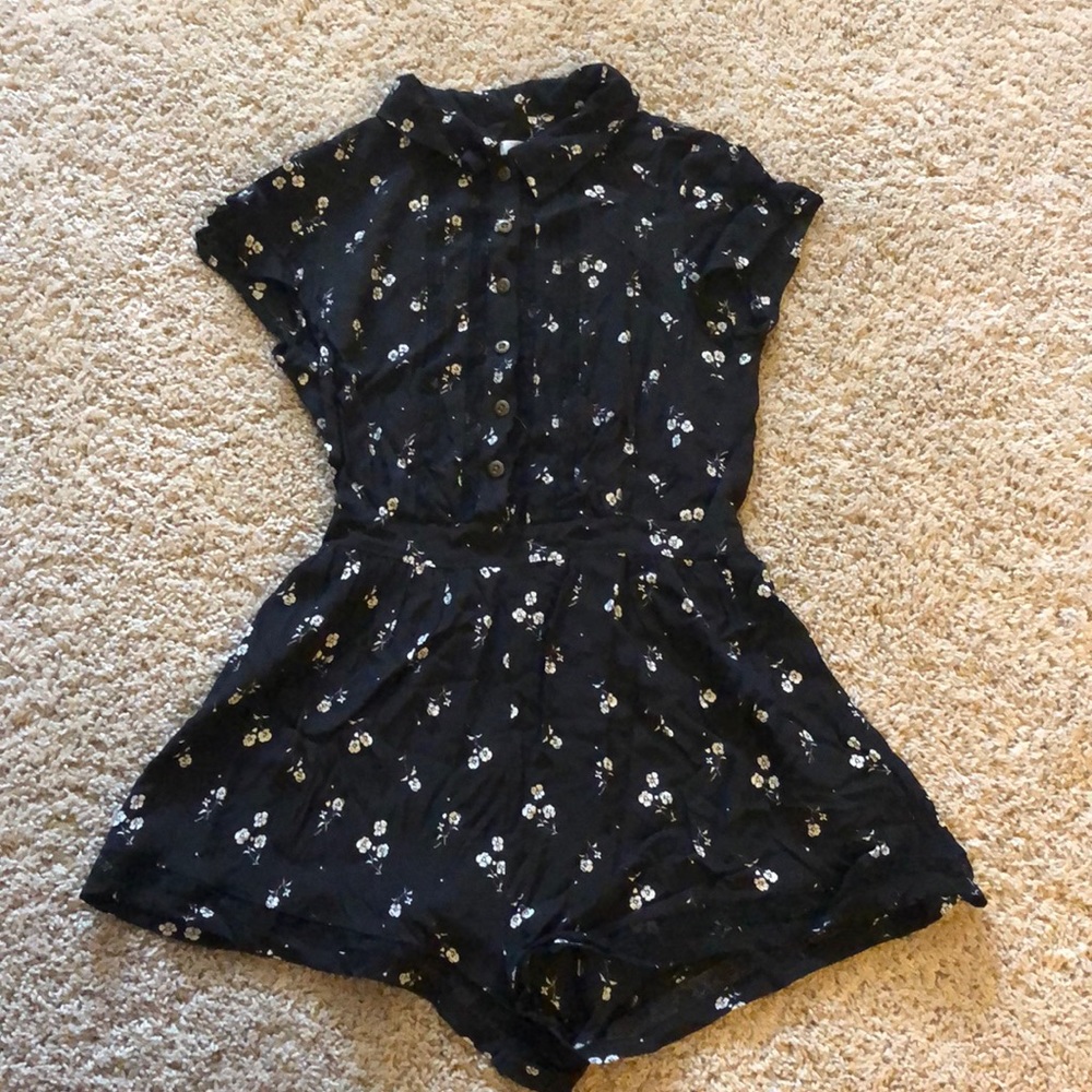Black and white floral button-down romper